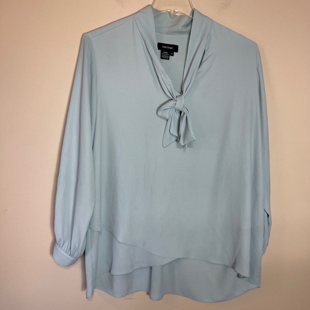 Karen Kane Light Blue Tie Blouse Long Sleeve Tulip Hem Top Plus Size 1X
